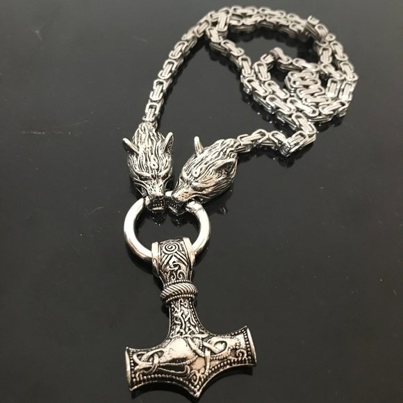 Norse Viking Byzantine Thor's Hammer Wolf Pendant Necklace Silver Heavy Wolves - Picture 4 of 5